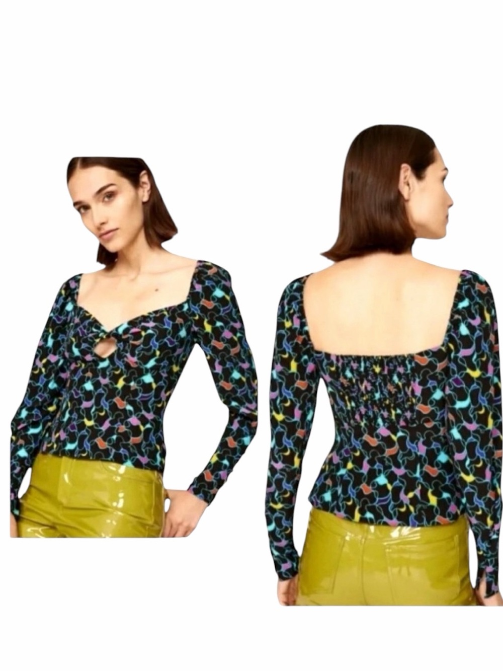 Staud Josephine Top Women 12 Black Abstract Print Long Sleeve Sweetheart Neck
